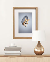 Load image into Gallery viewer, corgi dog with smiley face and bow ties in a 16x12 inch oak style frame